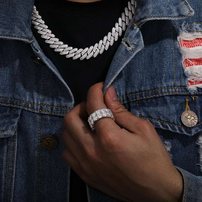 TUHE Unisex Double row 5MM Moissanite 925 Silver Ring Stone Iced Out Couple Rings For Women For Men Hip Hop Jewelry Gifts