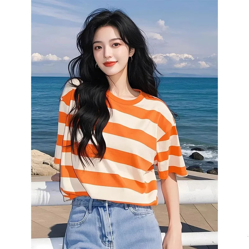 Orange Striped Short-sleeved T-shirt for Womens Summer Korean Fashion Casual Top Chic Sweet Loose Pullovers 250321