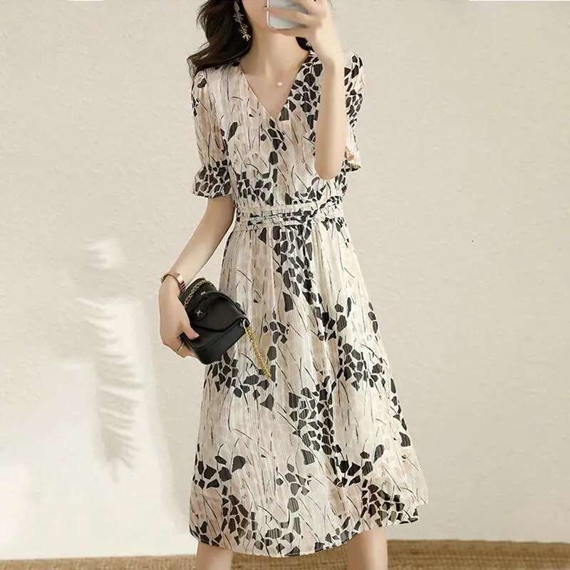 Elegant V-Neck Printed Folds Ruffles Flare Sleeve Party Women's Clothing 2024 Summer New Loose Office Lady ral Dress