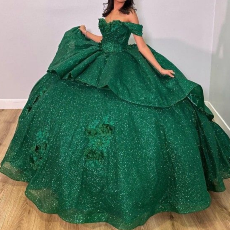 Blackish Green Shiny Princess Quinceanera Dresses Ball Gown Applique Flower Beading Off Shoulder Party Gown Sweet 16 Dress Vestidos De 15 Anos
