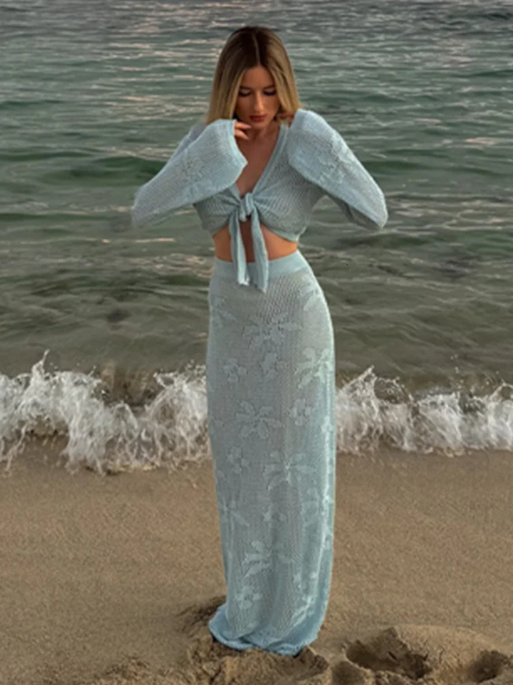 Women Elegant V Neck Full Sleeve Knit Lace Up Top Sets Chic High Waist Blue Print Slim Fit Long Skirt Suit Lady Beach Outfit 250324