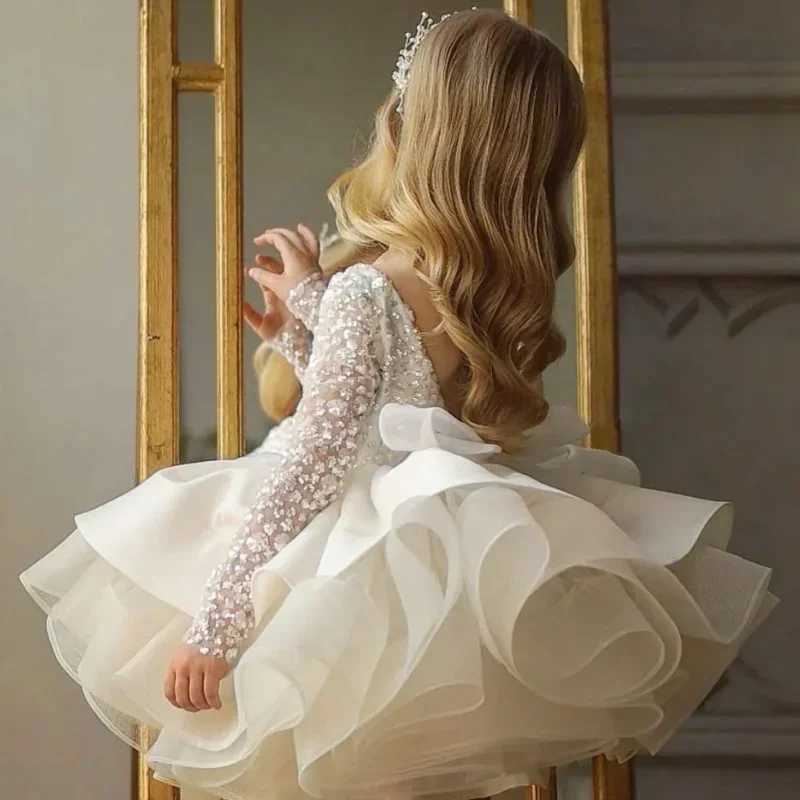 Customized floral girl dress pagan birthday communion dress ivory chiffon satin sequins bow tie long sleeves for weddings W250326