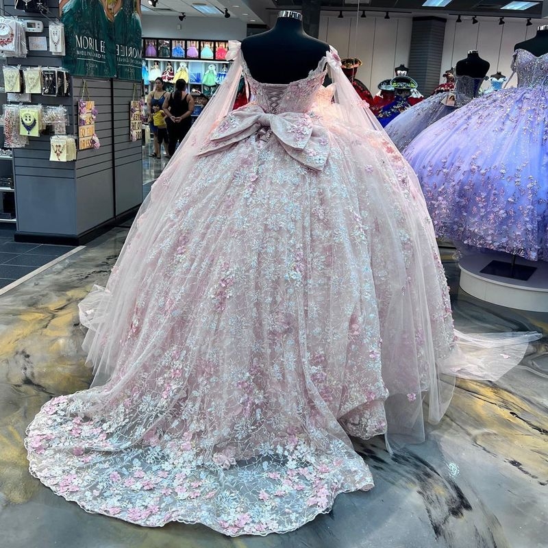 Pink Quinceanera Dresses 2025 Off Shoulder Sequin Appliques Flower Bow With Cape Princess Party Birthday Ball Gown Vestidos De 15 Anos Sweet 16 Dress
