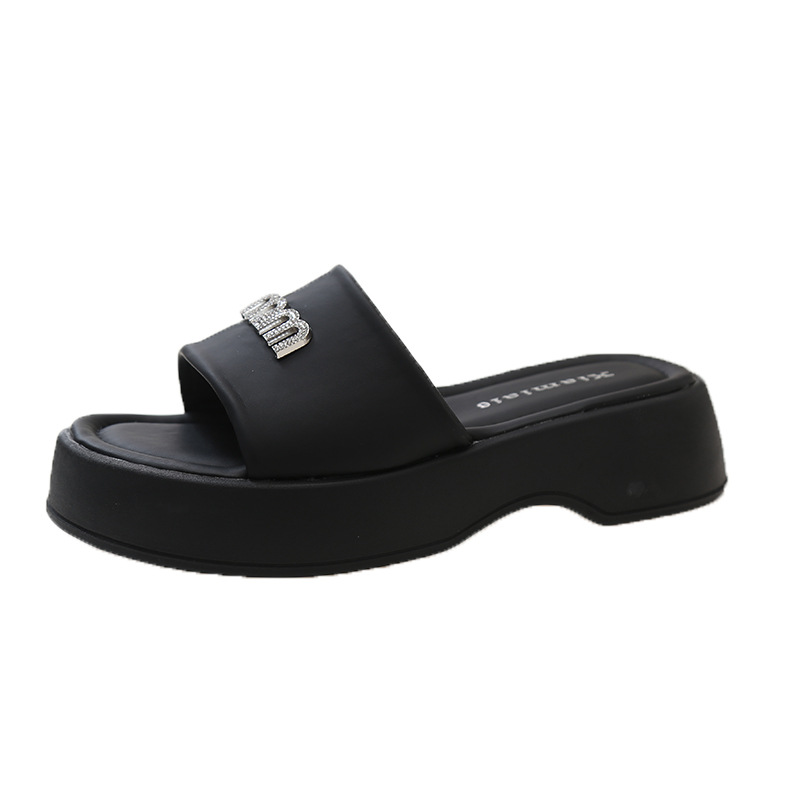shoes Women's rhinestone thick-soled slippers style for summer Korean version round toe wedge heel one-word leisure beach sandals women