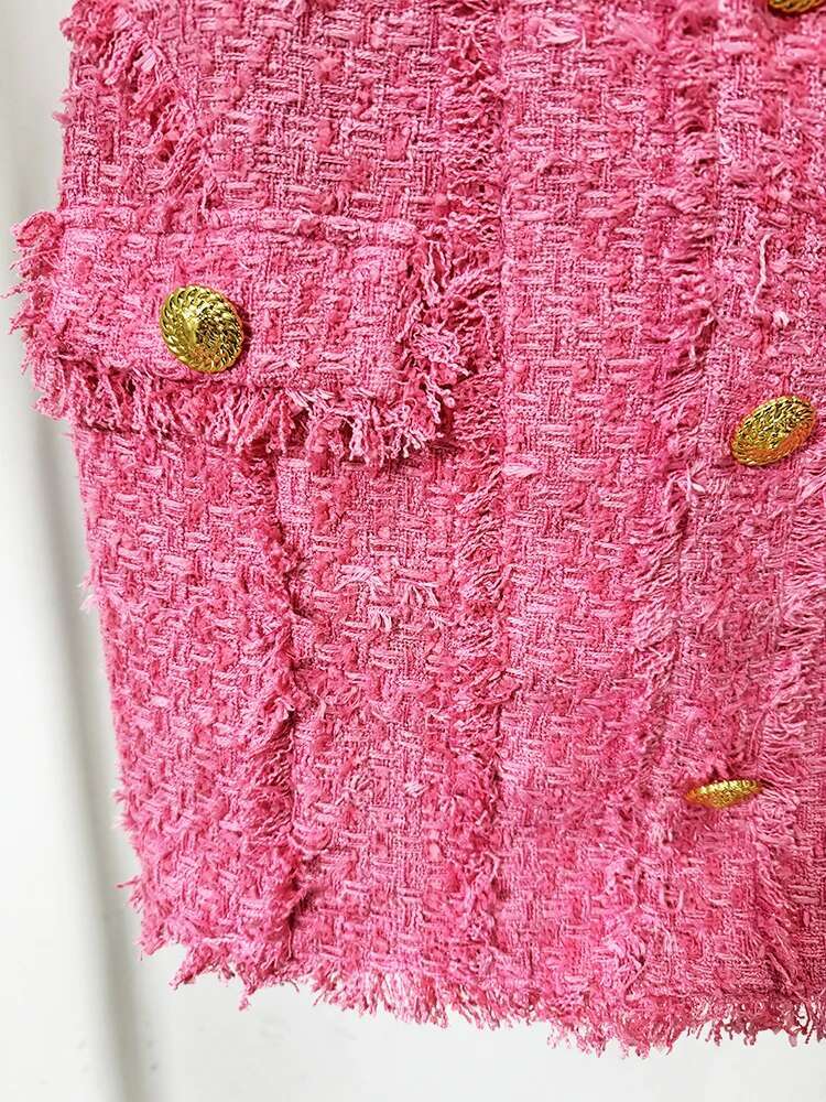 HIGH STREET Newest 2024 FW Designer Fashion Women's Short Sleeve Square Collar Lion Buttons Fringed Tweed Dress