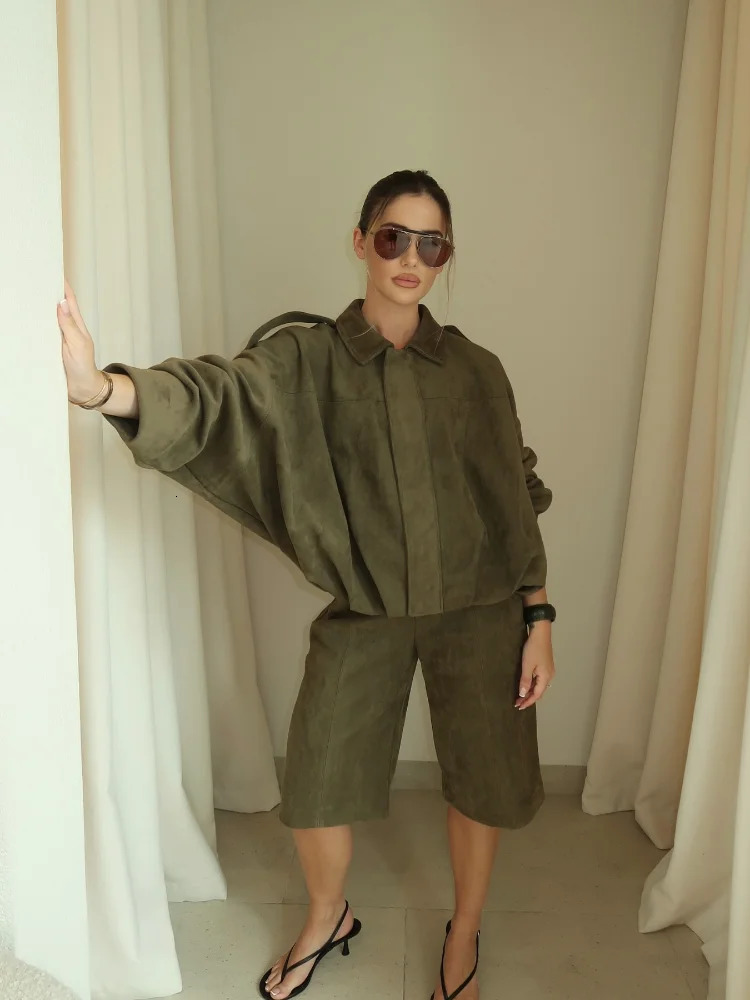 Suede Casual Jacket Women Zipper Turn-on Collar Oversized Long Sleeve Spring Coat Female Green Street Lady Outwear Tops 250321