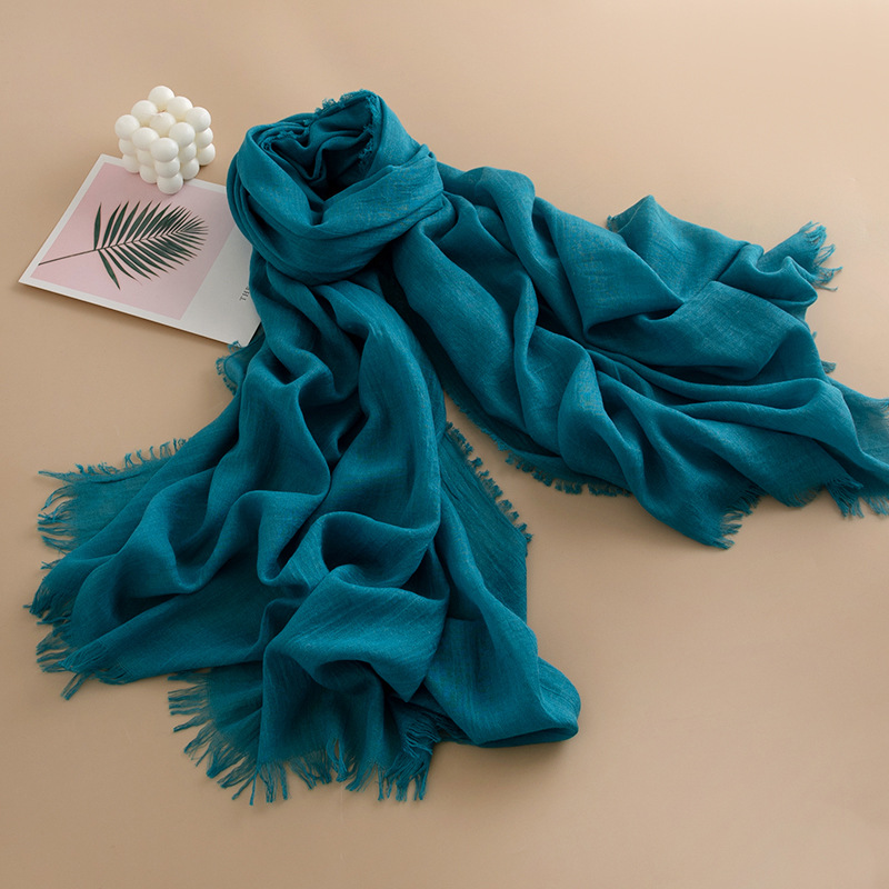 K234 Cross-border solid color cotton and linen scarf for women autumn and winter thin long gauze scarf all-match sunscreen commuting simple fur-edged 