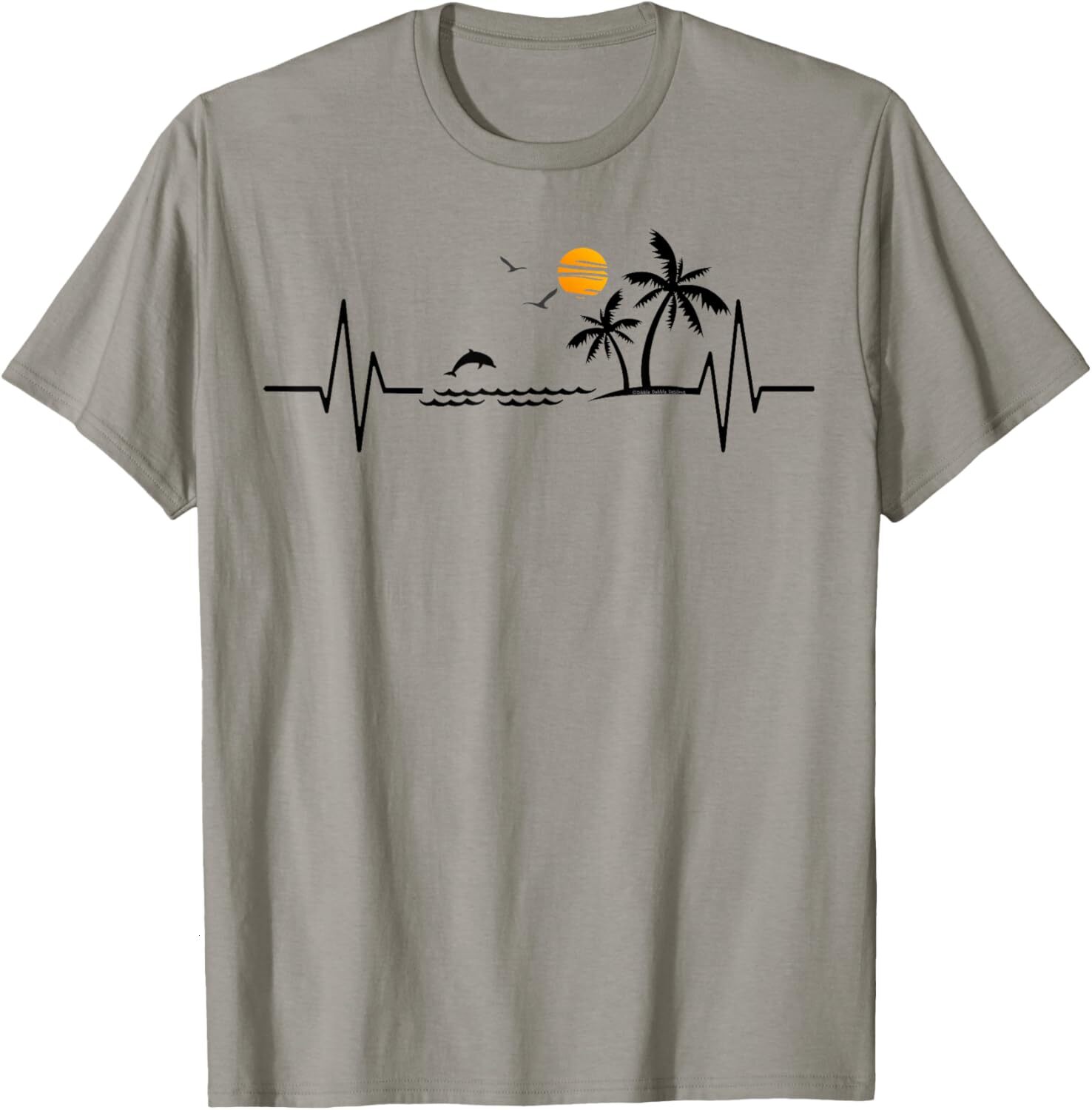 T shirt for Mens Heartbeat with Tropical Palm Trees Beach Island and Dolphin Graphic Tee Casual Tops Clothes Short sleeve cool