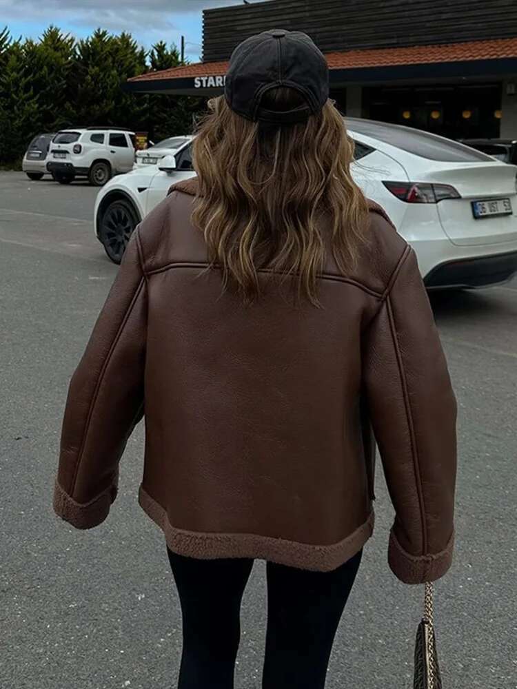 Plush Patchwork Lapel PU Leather Jackets Women Casual Loose Long Sleeved Jacket Female Autumn Winter Chic High Street Outwears
