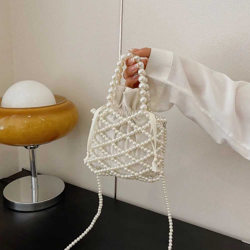 Women Handbags Handmade Pearl Woven Ladies Bucket Tote Bag Exquisite Elegant Fashion Casual Drawstring Female Coin PurseC250326
