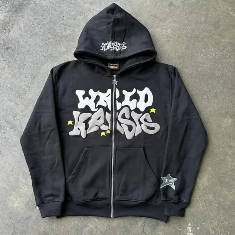 Y2k Street Personality Trendy Zipper Hoodie with Extra Large Letter Star Print Fashion Casual Sports Sweatshirt for Men 250324