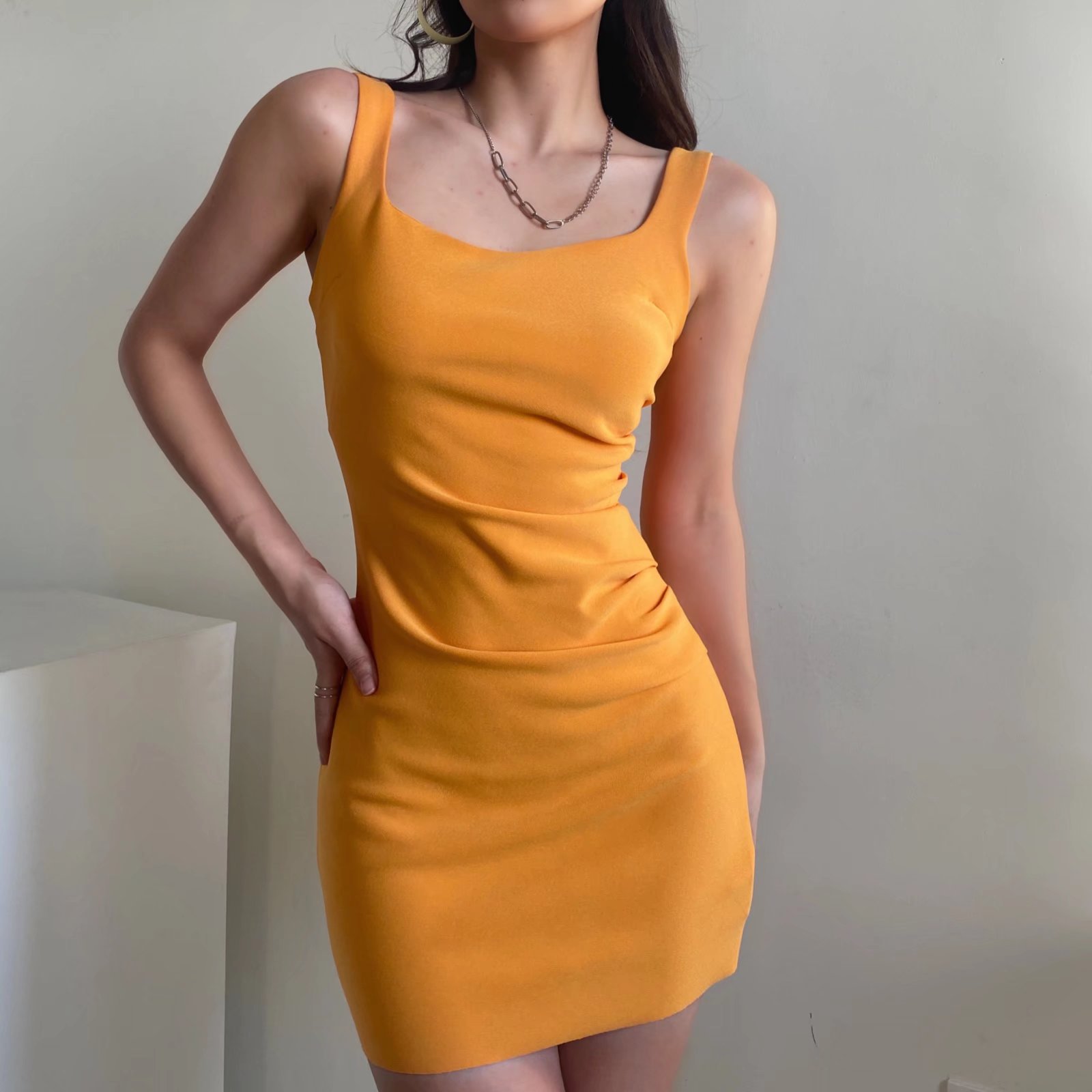 CL3100 master quality same style pleated waist slimming sleeveless dress women's summer square collar slim temperament hip skirt