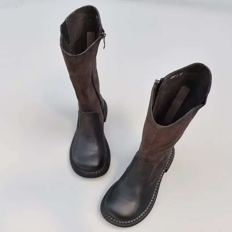 Knee High Knightly Real Genuine Leather Wide Head Women's Boots British Cowhide Fat Zipper Single Autumn Winter Shoes