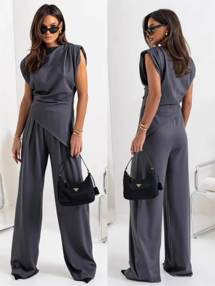 Summer fashion solid two-piece set for women elegant ultra-thin office clothes casual irregular top wide leg pants 2-piece set for women 250320