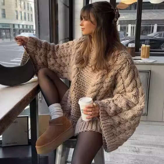 Ins American Knitted Hoodie Women's Casual Lazy Round Neck Solid Color Loose Versatile Sleeve Sweater