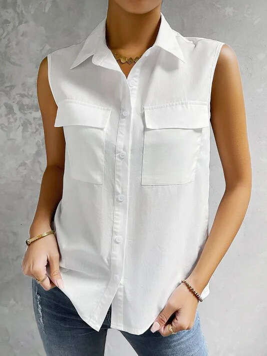 2023 Summer Cotton and Hemp Wind Sleeveless Collar Women's Double Pocket Shirt
