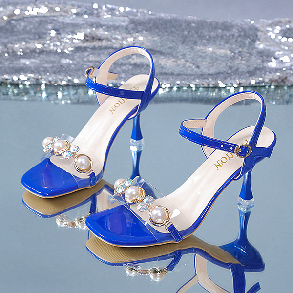 2025 Summer New Style Mingyuan Pearl One Button Strap Square Head Sandals with Thin Heels and Fairy Style Transparent High Heels