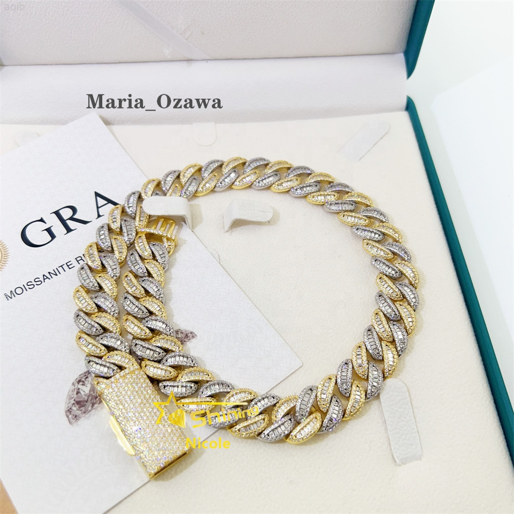 Custom Iced Out Jewelry 15mm Width 2 Tones Gold Plated S925 Gra Moissanite Miami Cuban Link Chain