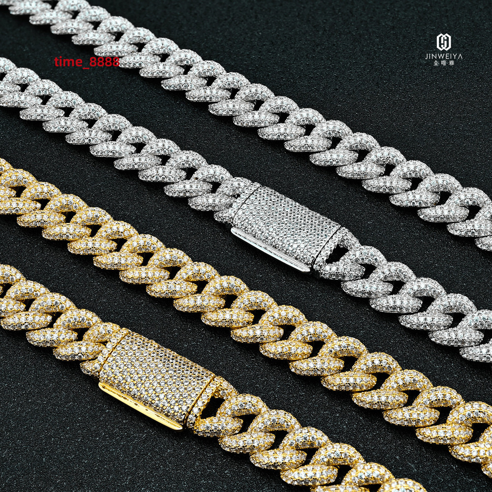 Hip Hop 925 Silver Moissanite Necklace 10mm Wide Cuban Chain in 16 18 20 22 24 Inch Lengths Rapper Style Cuban Chain