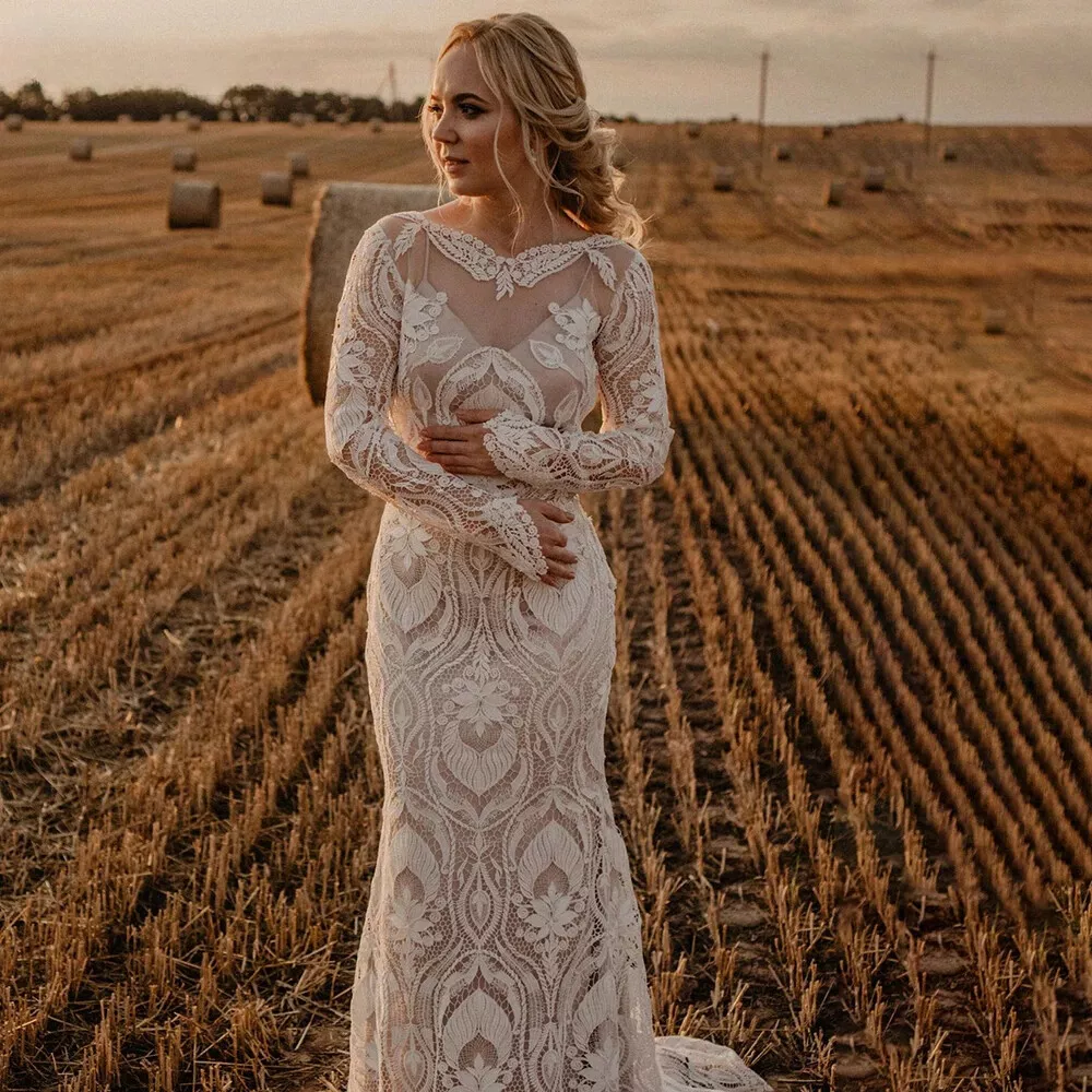 Full Lace Mermaid Wedding Dresses Long Sleeves Boho Bridal Gown Sexy Backless Country Bride Dress Vestido De Novia Ivory & Champagne lining