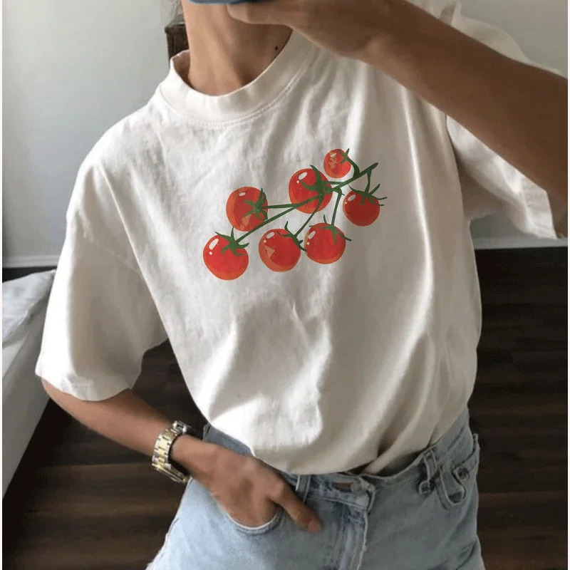 Korean T-shirt womens fig fruit graphic shirt retro TShirt graphic summer high-quality cotton Ropa unprinted good product 250321