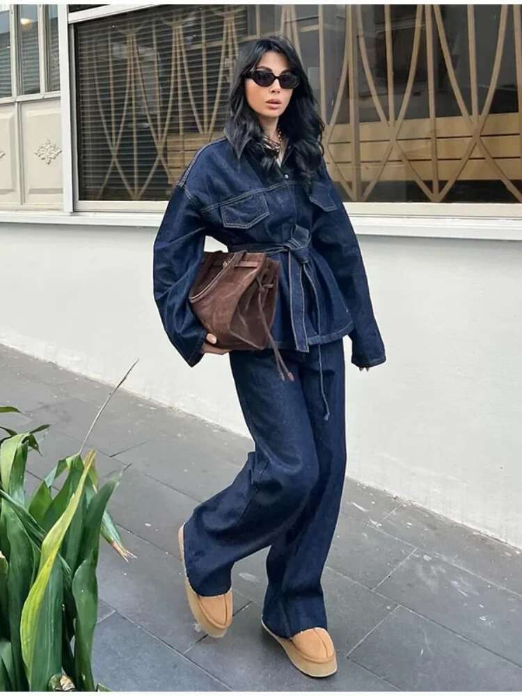 Vintage Women With Belt Denim Jacket Pants Set Single Breasted Long Sleeve Jackets Wide Leg Jeans Lady Street Outfits 2025