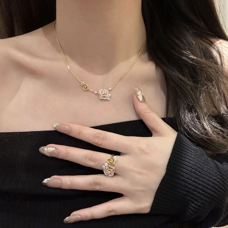 Romantic Sparkling Yellow Rose Jewelry Set Wedding Engagement Set Diamond Bracelet Necklace Ring 250326
