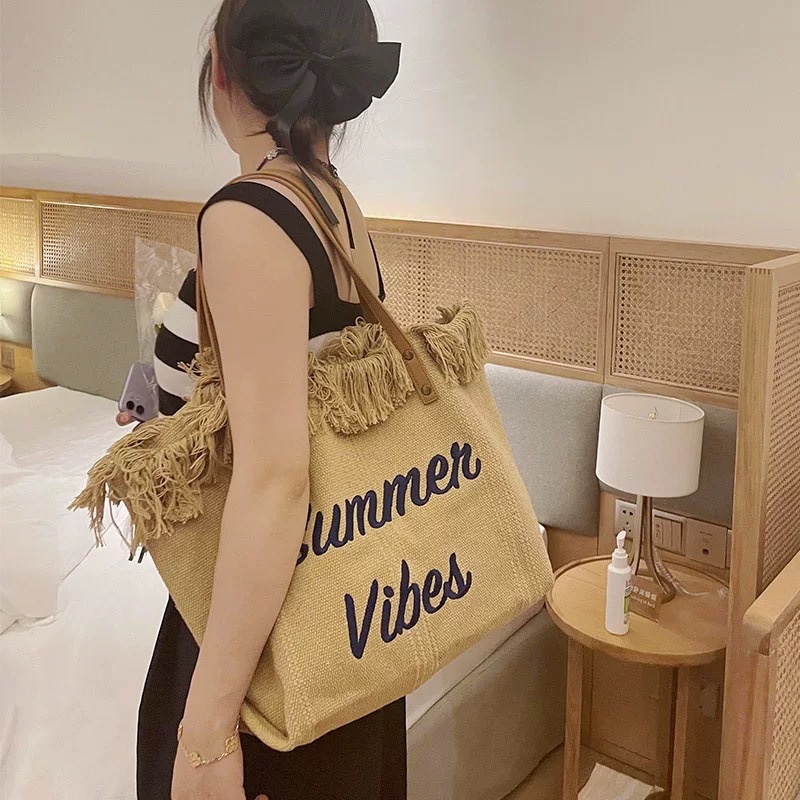 Popular large capacity bag Canvas Bag Embroidery Alphabet Tote Bag Women's bag Woven beach bag Shoulder Bag Bags