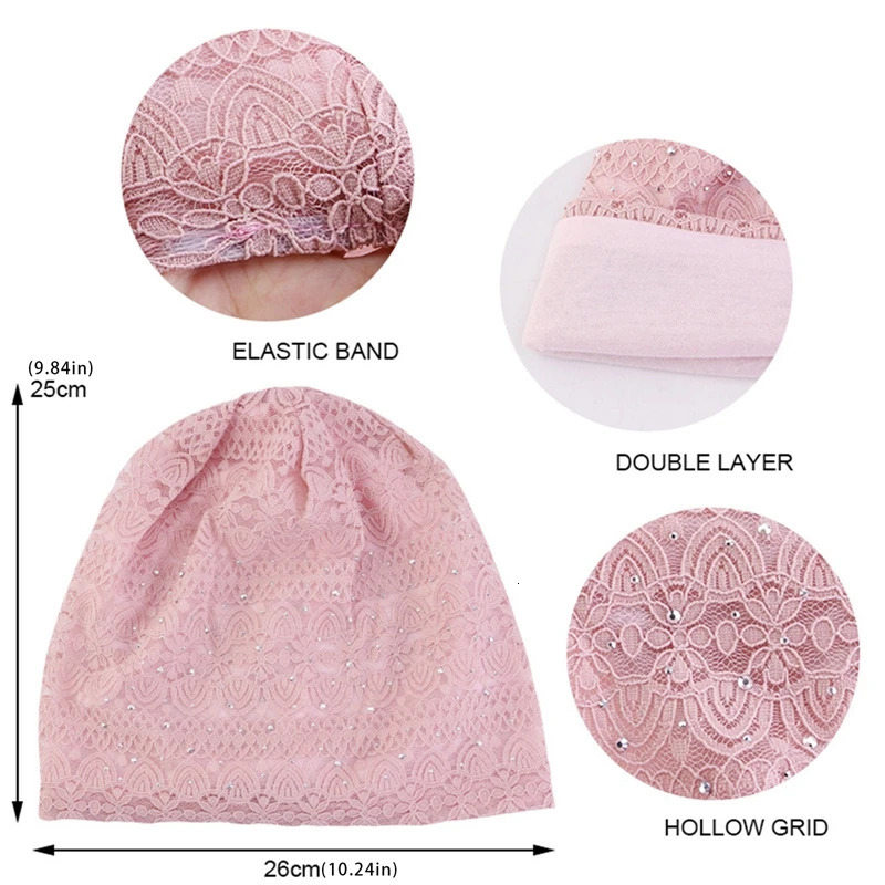Crystal Lace Beanies Hat Women Slouchy Knit Hats Flower Headscarf Cap Ladies Comfortable Fashion Skullies Turban Hair Cover 250321