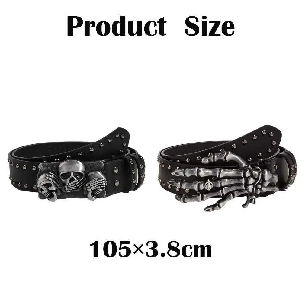 Punk Skull with Harajuku Gothic Leather Y2K Rivet Belt Skeleton Adjustable Hand Decoration Belt Mens and Girls Leather Belt Neutral Style W250326