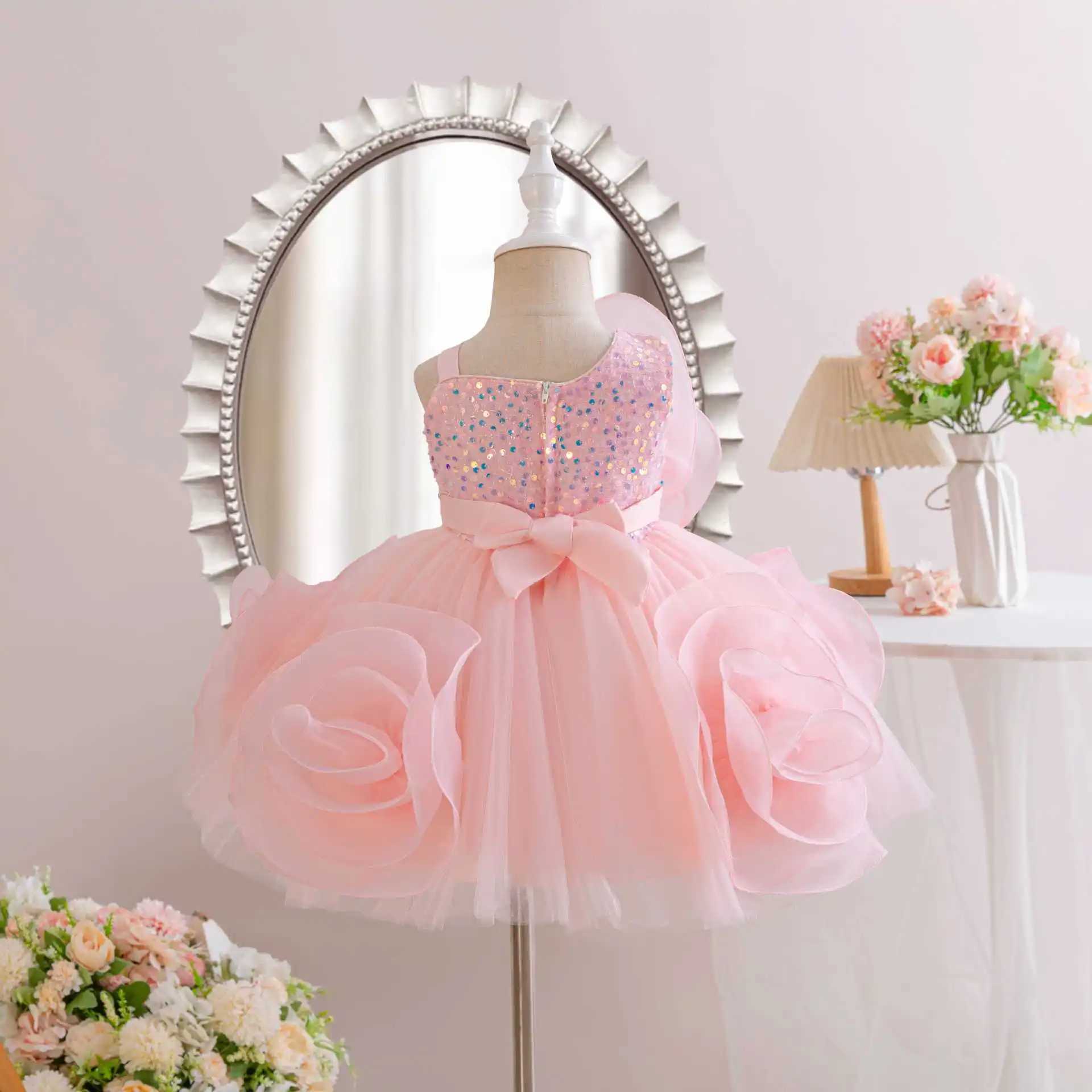 Hetiso girl Par dress flower elegant childrens wedding dress sequins big bow childrens birthday celebration frog 1-7 years W250326