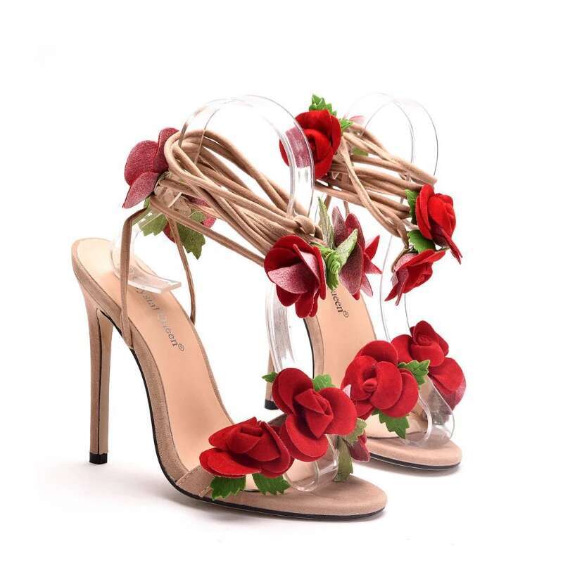 2024 New Satin Rose Cross Straps Round Head Fine Super High Heel Large Size Strappy Women's Sandals Wedding Shoes