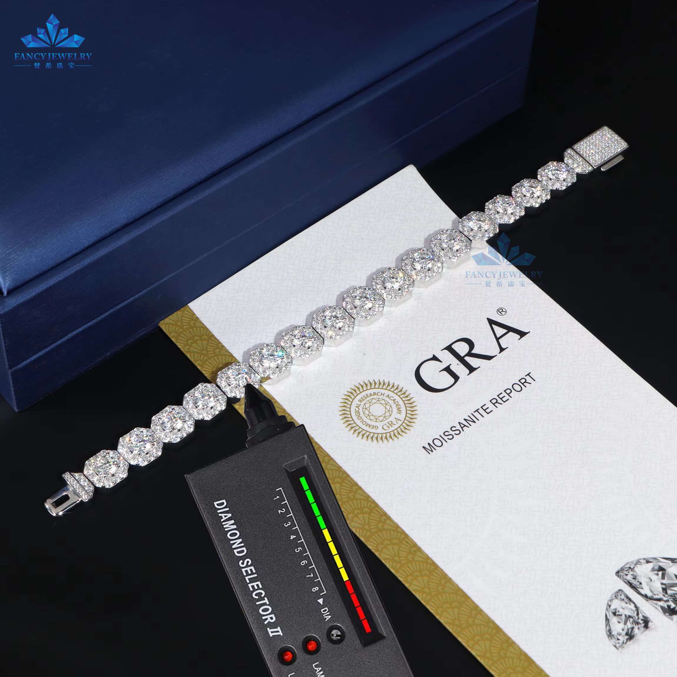 18k Gold Plated Iced Out Cluster Tennis 11mm Width Iced Out 8.5inches Bracelet Custom Moissanite Tennis Chain