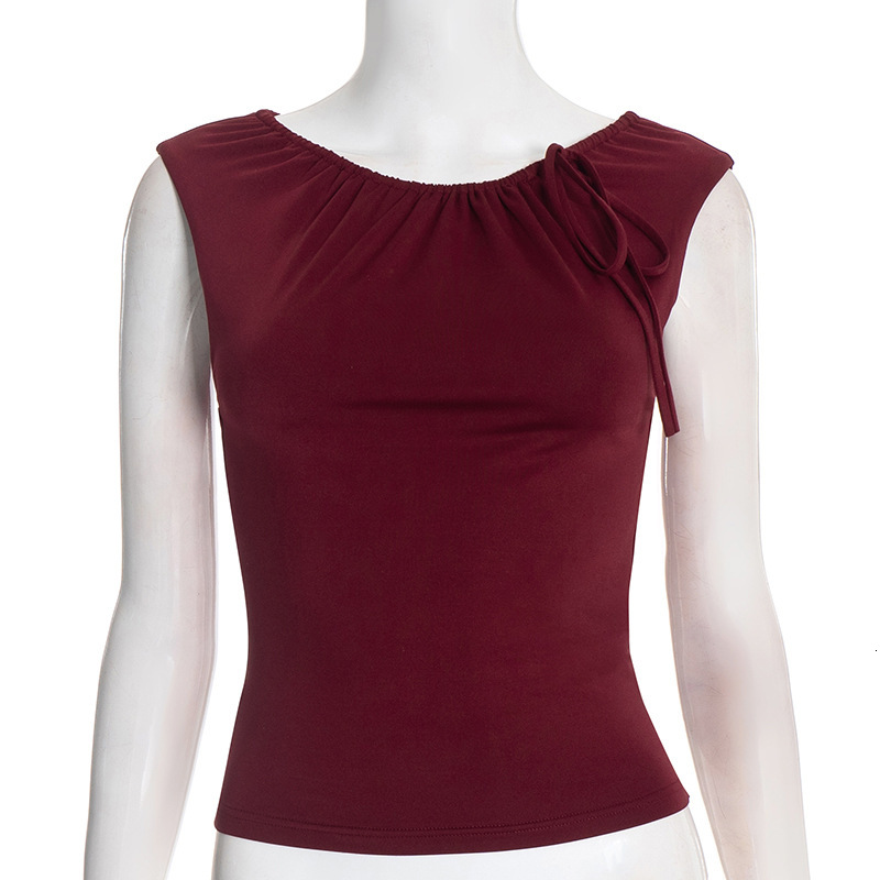 2025S Fashion Designer Y TP Women S Autumn And Winter Round Neck Pullover Solid Color Pleated Drawstring Strap Exposed Navel Top T Shirt