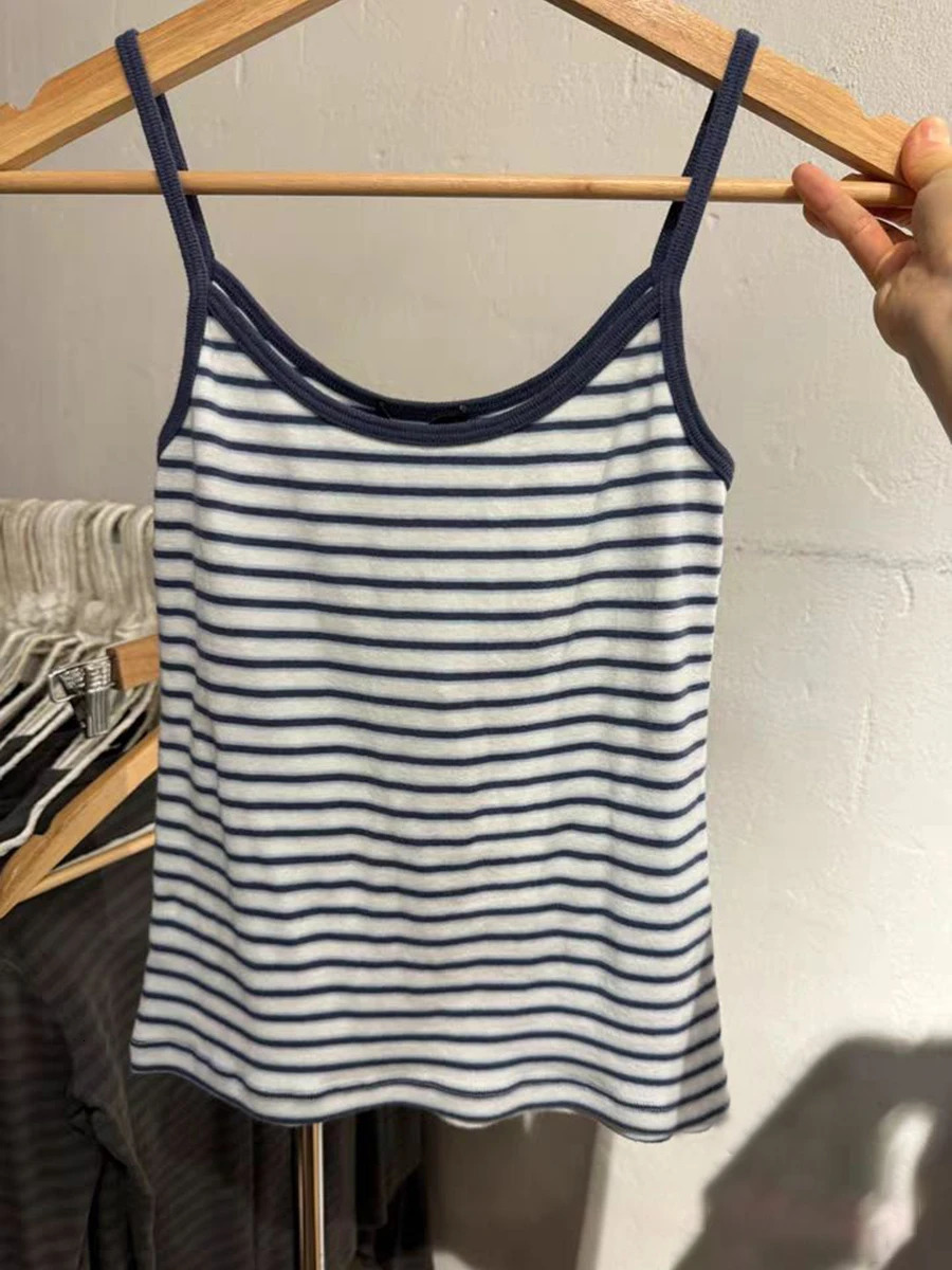 Fashion striped slim crop top womens summer sleeveless cotton cut vest American retro streetwear Sweet Y2k vest style 250321