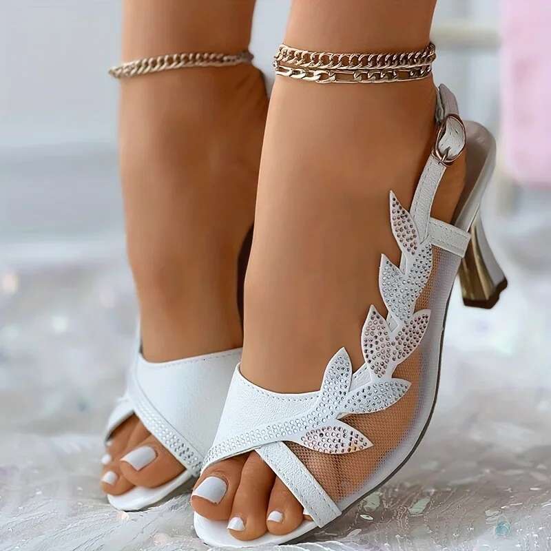 Rhies Women's Mesh High Heel Sandals Summer New Fashion Korean Style Peep Toe Buckle Strap Sgback Shoes Sandalias Mujer