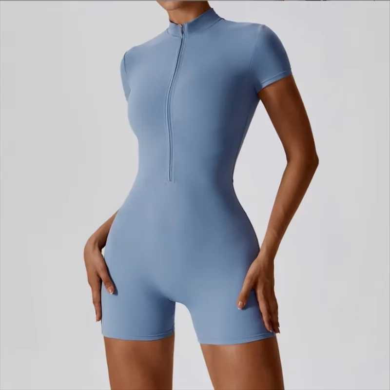 New Yoga Set One Piece Womens Nude Yoga Gym Set with Upright Half Zipper Short Sleeve Fitness jumpsuit Tight Black W250326