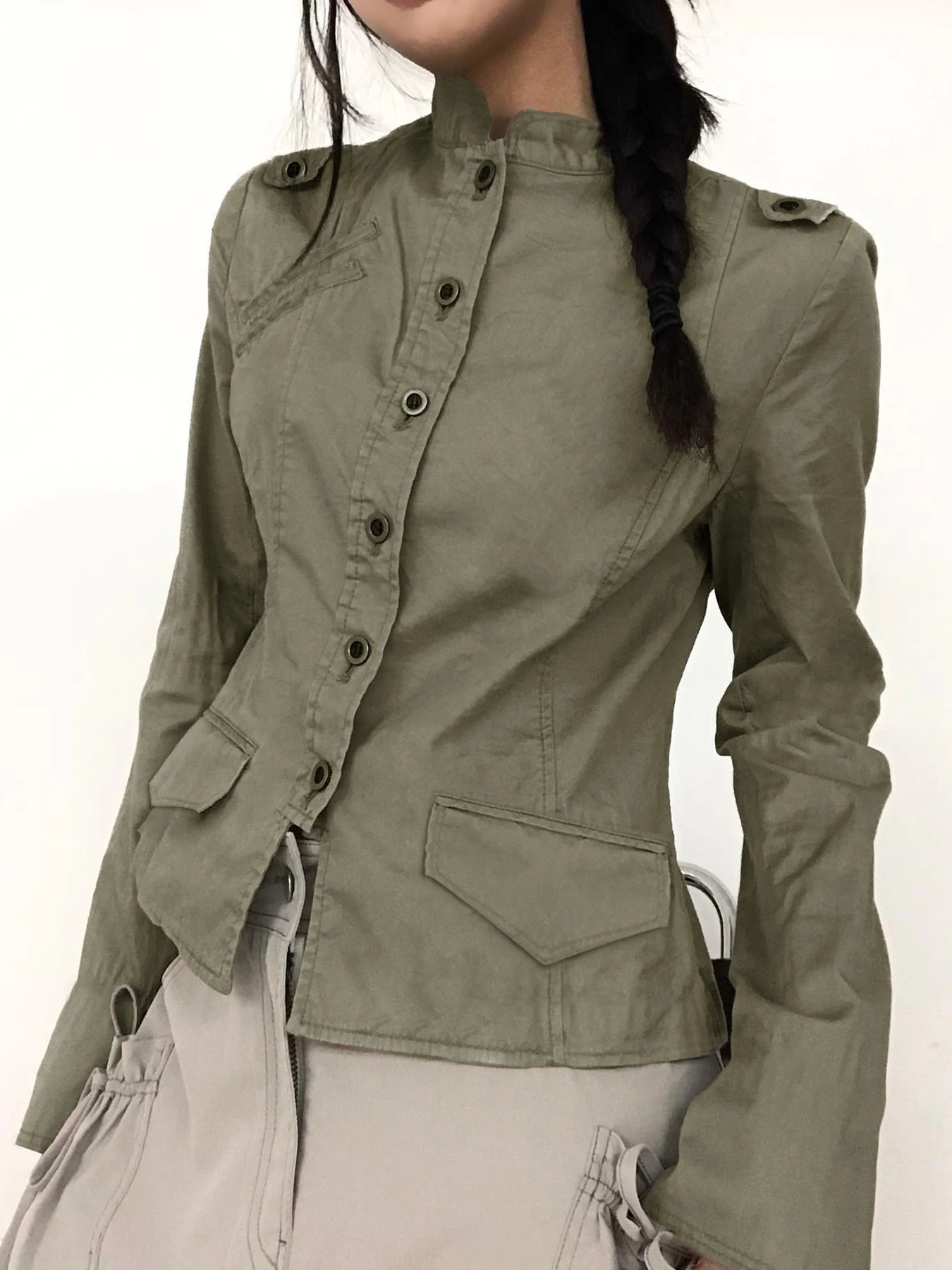 Retro green ultra-thin commodity jacket womens button up stand collar long sleeved autumn Korean fashion jacket 250321