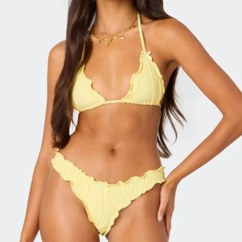 Yiiciovy Solid Color Bikini Sets Push Up Swimwear Womens Lettuce Trim Halter Bandage Bathing Suit Outfits for Beach Pool 250324