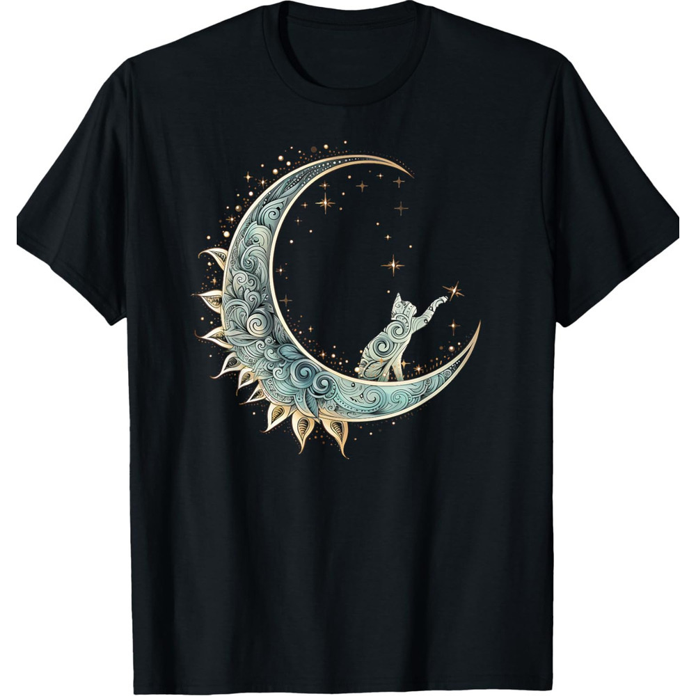 T shirt for Mens Mystical Aesthetic Cat Sitting on Crescent Moon Lunar Cat Graphic Tee Casual Tops Clothes Short sleeve cool