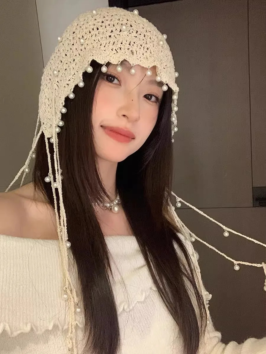 Bohemian Woven Hollowed-Out Baotou Hat Ladies Summer Thin Breathable Pearl Tassels Adorn Ethnic Wind Pile Hat 250321