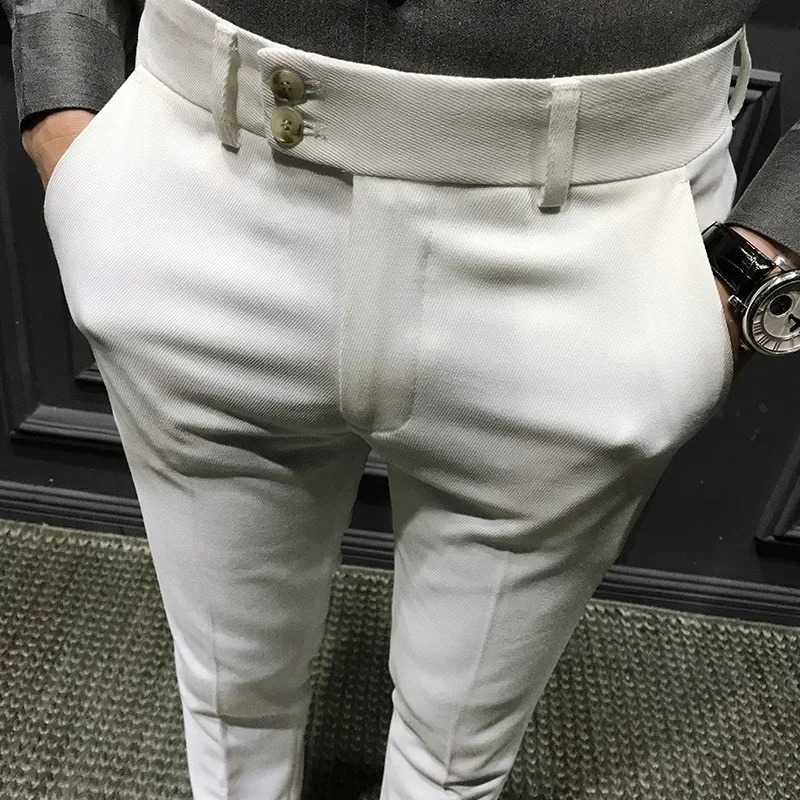 Spring Autumn Mens Slim Fit Korean Style Suit Pants Casual Nine Point Length Trendy White Pants For Office Wear 250325