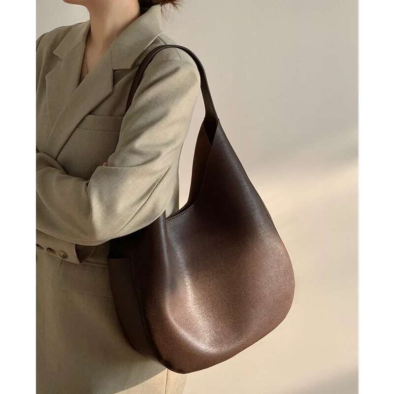 FIRMRANCH Elegant Simple Design Women's Commuter Large Capacity Shoulder Bag Tote High Quality Cowhide Leather Underarm Purse
