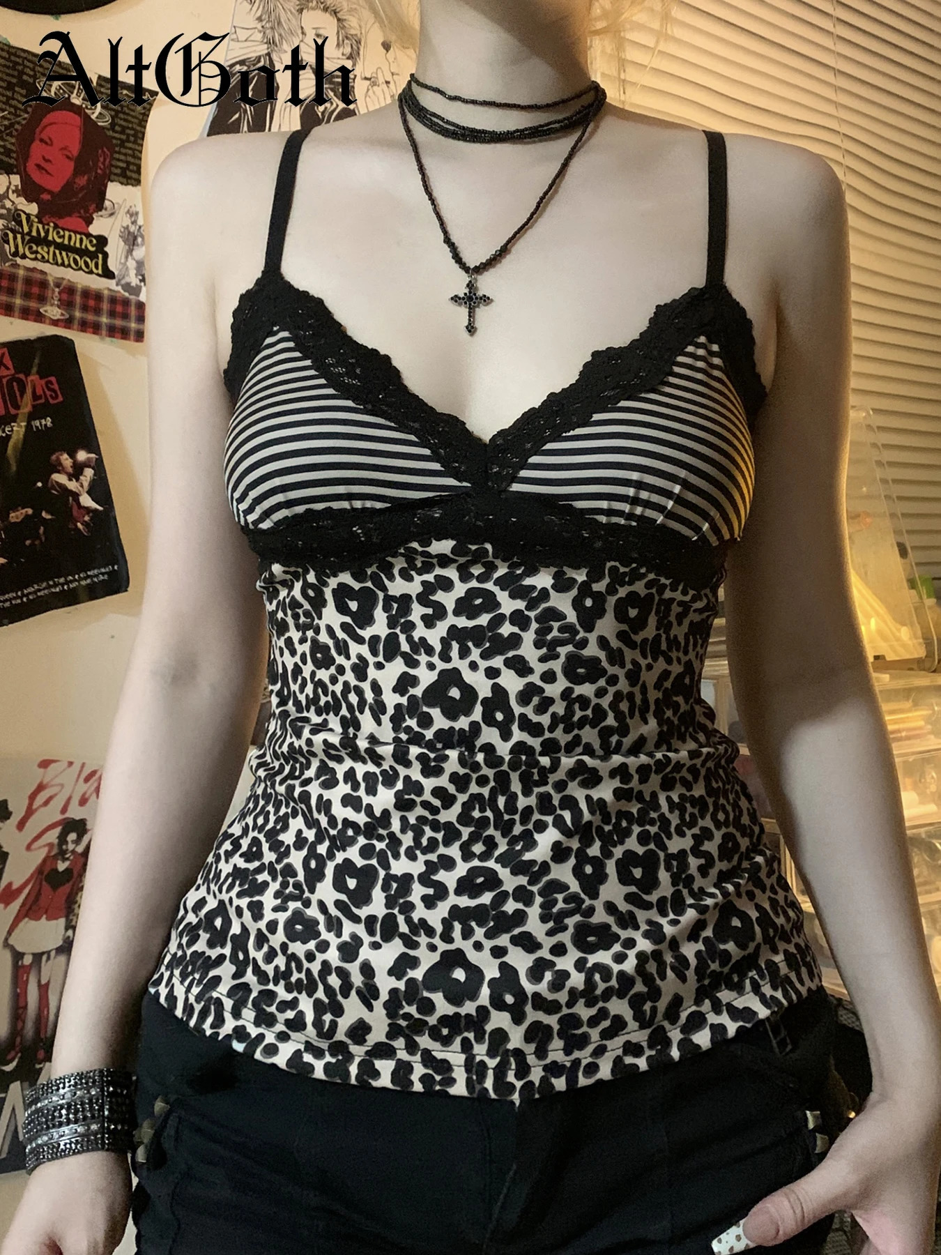 AltGoth Pastel Goth Y2k Leopard Camisole Womens Street Clothing Retro Harajuku Lace Patchwork Crop Tank Top Emo Alt Grunge Clothing 250321