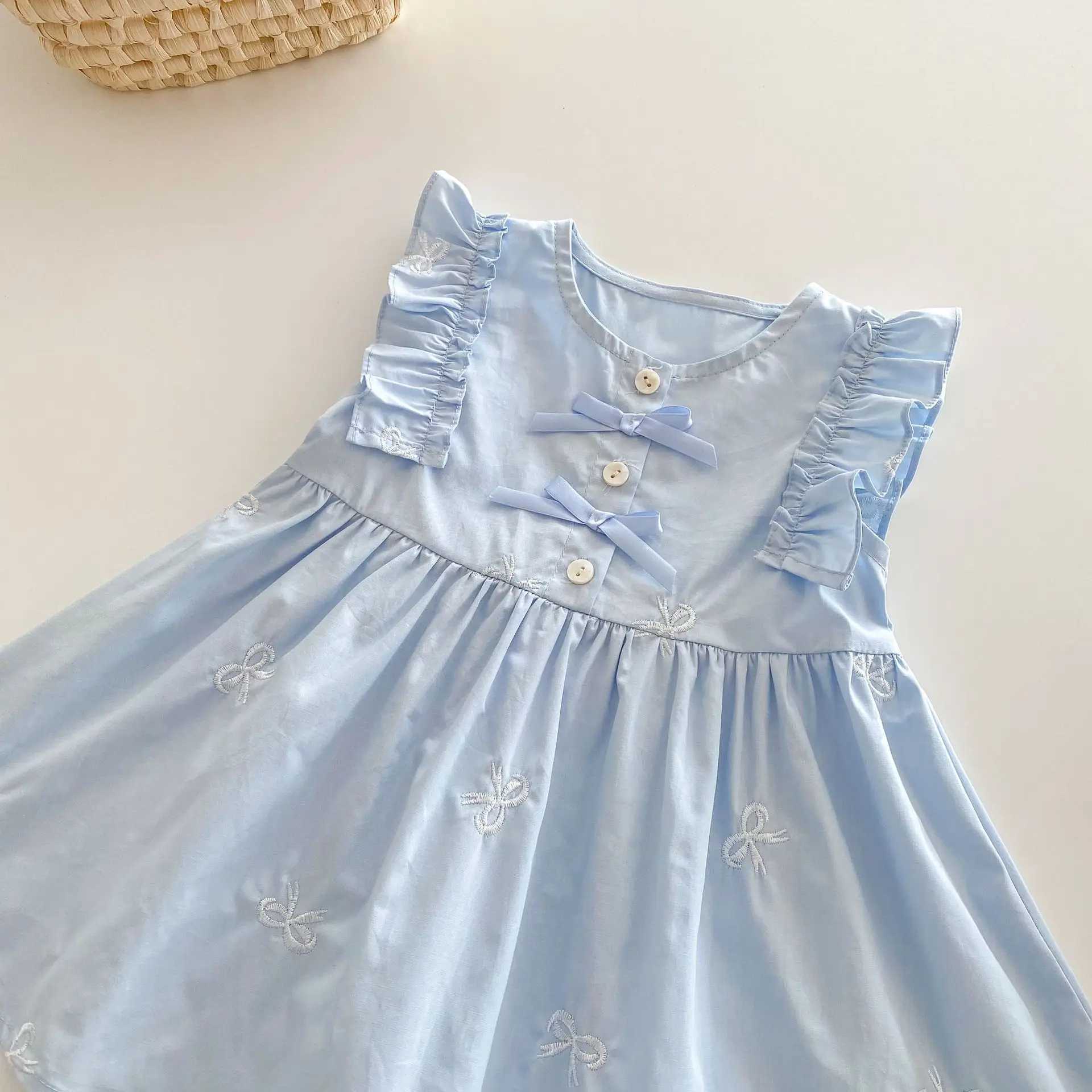 Girls Sweet Solid Color Dress 2025 Summer New Style Ruffle Shoulder Bow Embroidered Loose Childrens Dress W250326