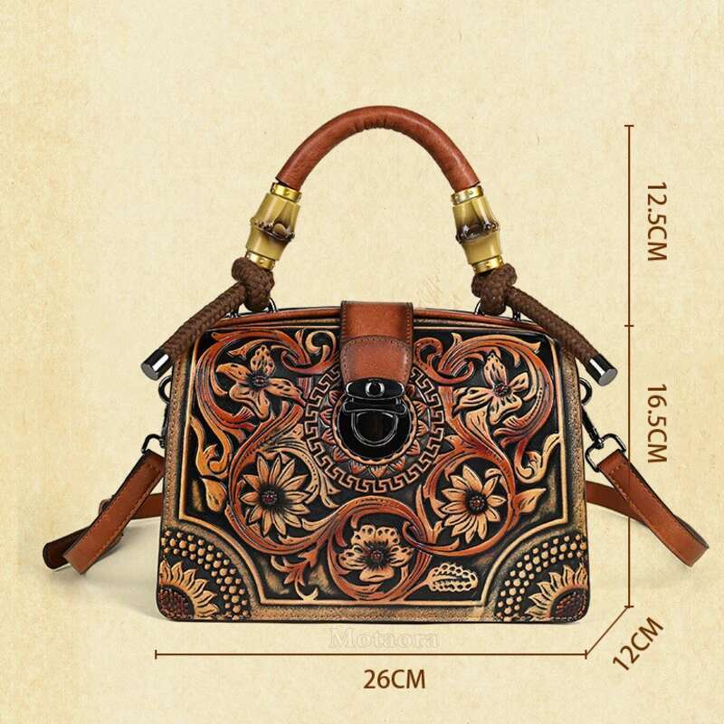 Motaora New Emed Shoulder Bag For Women's 2025 Vintage Handmade Handbag Female PU Leather Big Capacity Crossbody Bags Purse