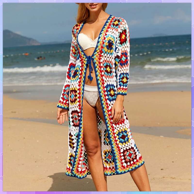 Summer Crochet Bikini Swimwear Cover-Ups Elegant Boho Kimono Dress Tunic Woman Clothes Beach Wear Swim Suit Cover Up Robe