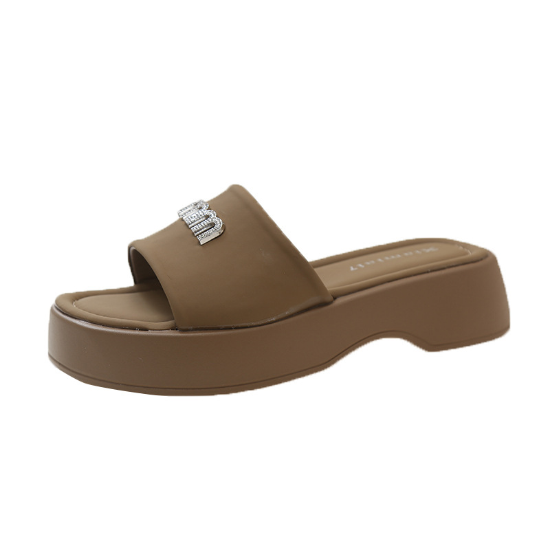 shoes Women's rhinestone thick-soled slippers style for summer Korean version round toe wedge heel one-word leisure beach sandals women