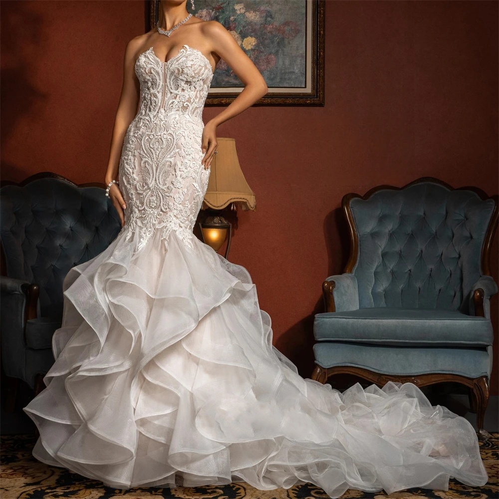 Gorgeous Mermaid Wedding Dress Sweetheart Neck Sleeveless Backless Bridal Gowns Appliques Lace Sweep Train Dresses Custom Made vestidos de novia