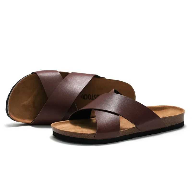 New mens beach cork slider summer womens solid color N-Slip outdoor PU leather slider shoes casual flip sliderXJ250326